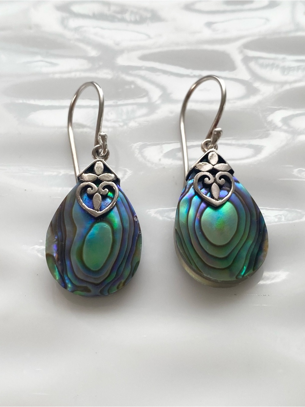 Sterling Silver Abalone Teardrop Earrings - Iridescent Green-Blue - Picture 7 of 8